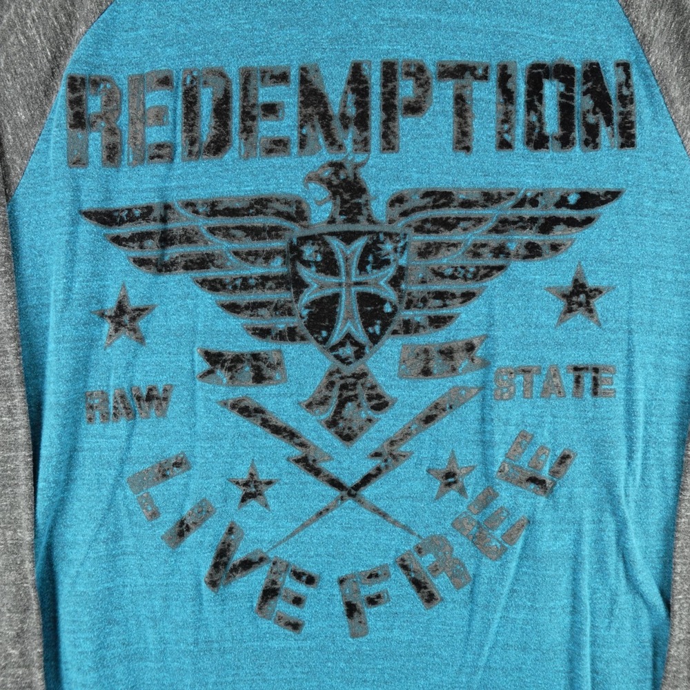 Raw State Shirt Mens XXL Blue Redemption Spell Out Graphic Waffle Thermal Flaws - Picture 3 of 11